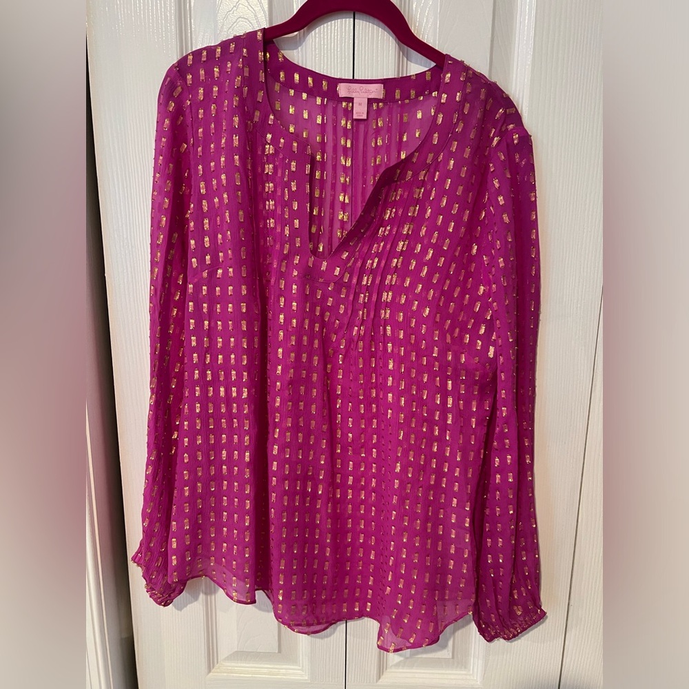 Beautiful raspberry Lilly Pulitzer’s shirt with gold shimmer thread